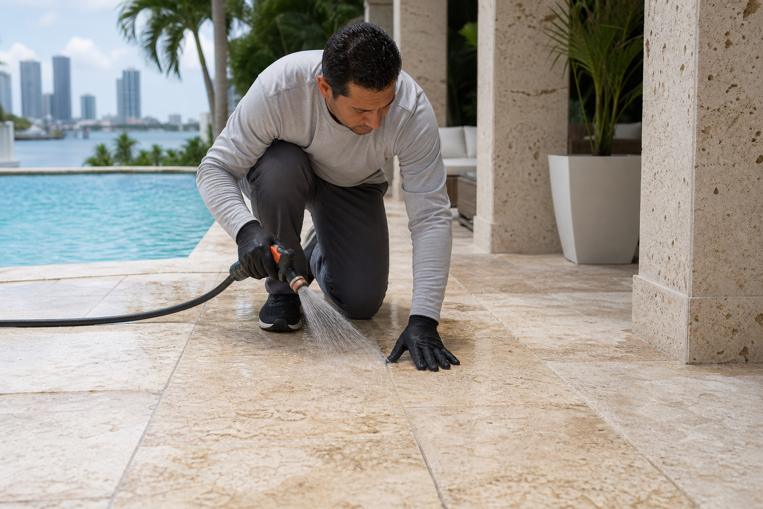 Technician rinsing a coral stone pool deck in Miami while checking the surface texture and moisture around shaded areas