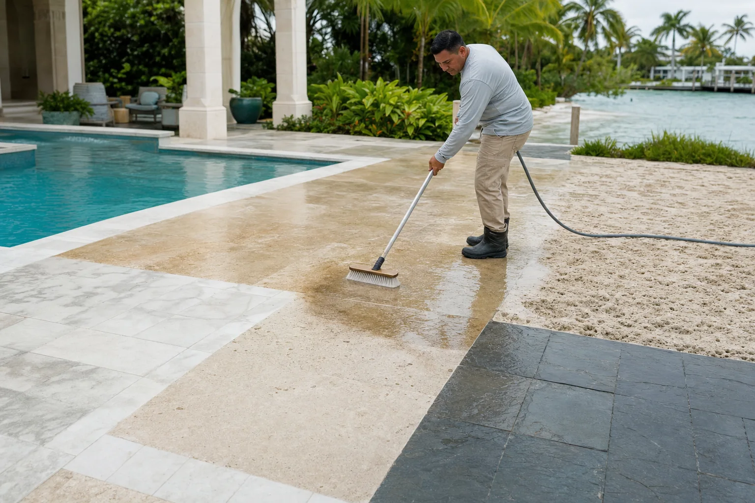 Stone-care technician gently brushing a Miami pool terrace with sections of limestone, travertine, marble, slate, and coral stone